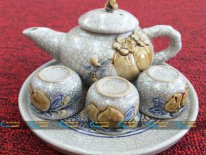 Bộ ấm trà cúng 3 chén quả đào men rạn Bát Tràng